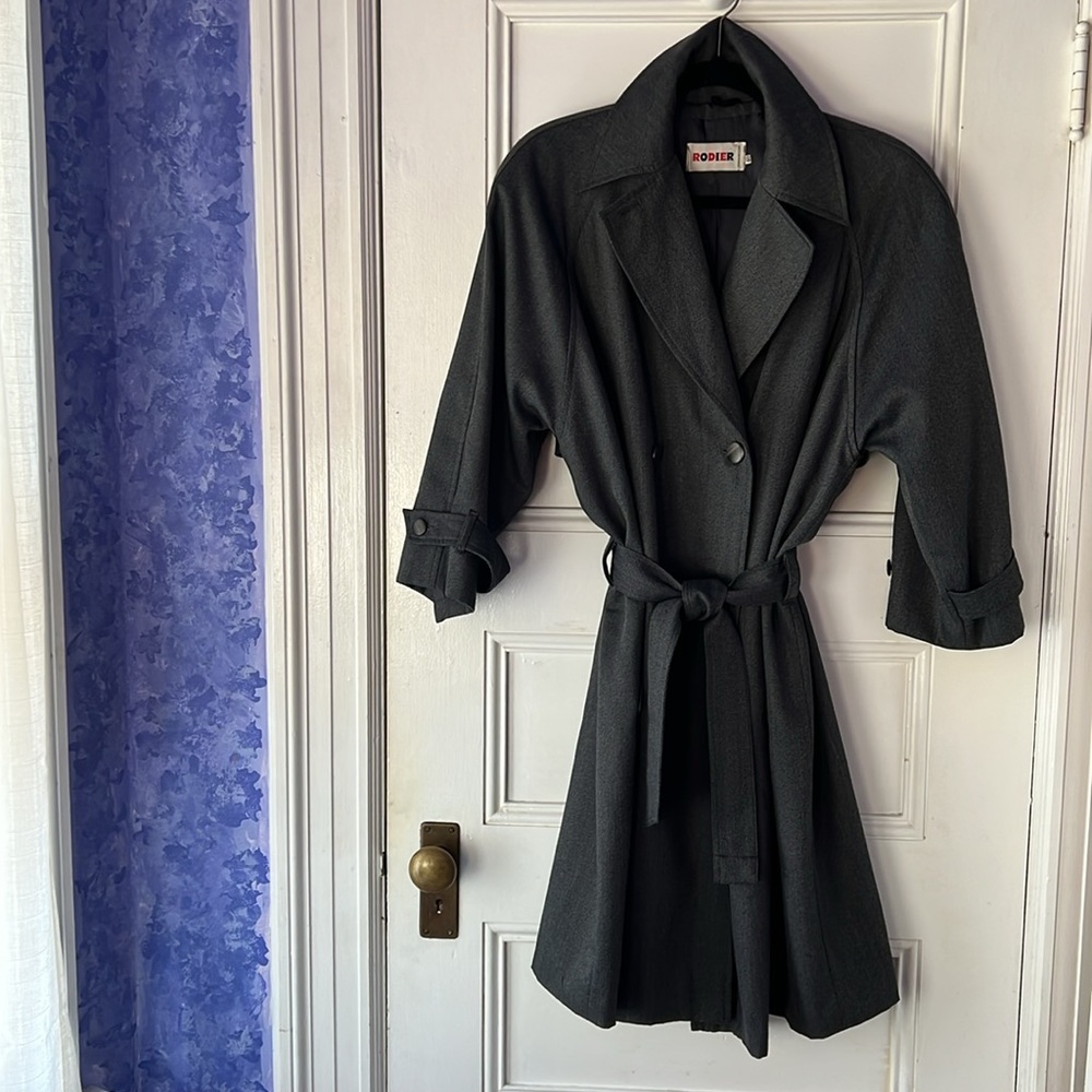 Vintage Rodier Grey wool coat, below-the-knee, trenchcoat style